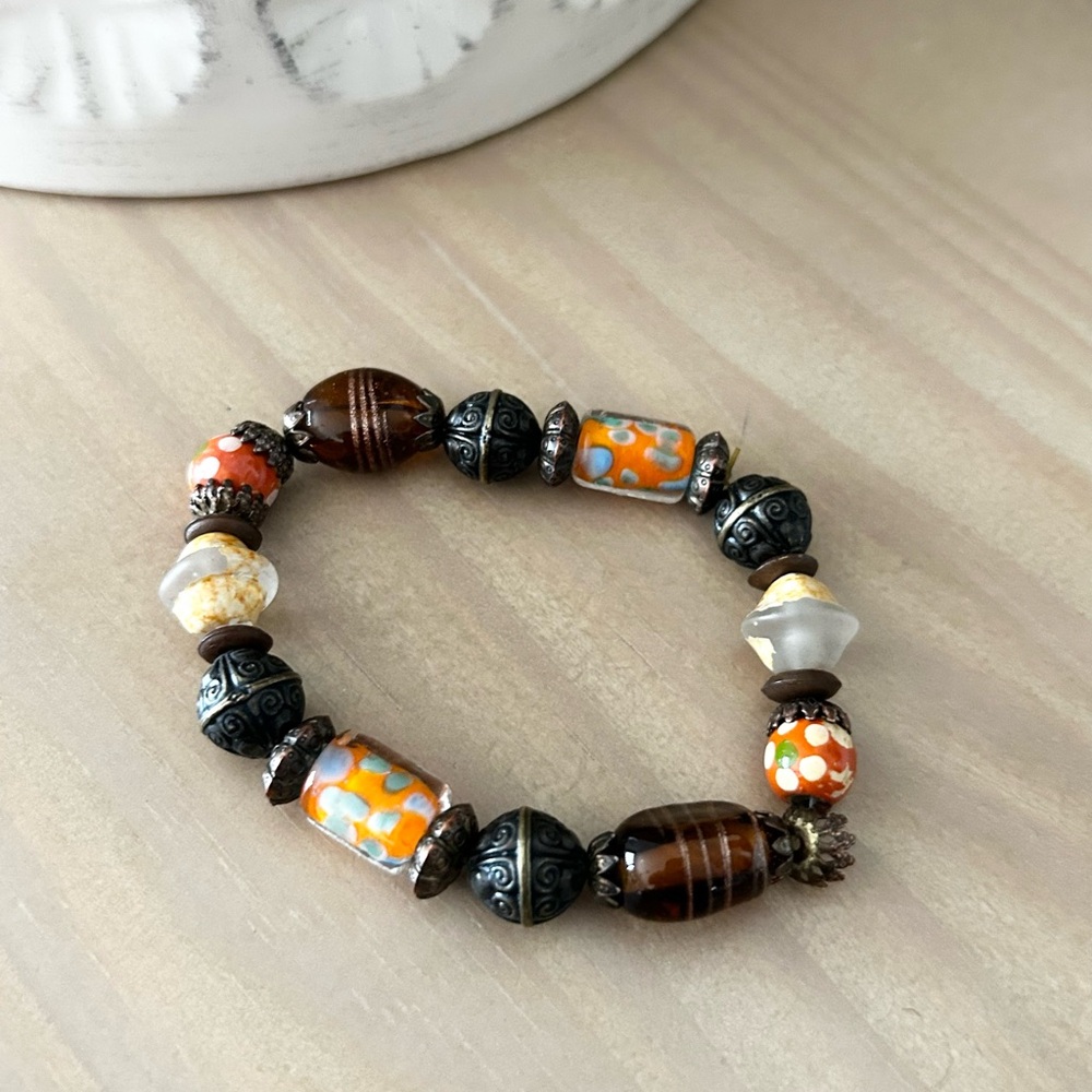 Beaded Bracelet with Orange and Brown Accents